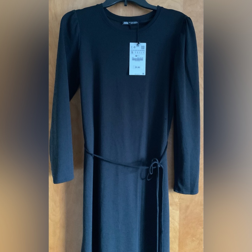 Zara long sleeve belted black midi dress
